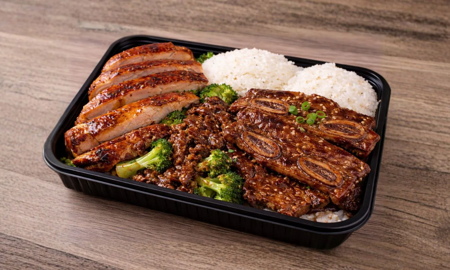 Mixed platter with teriyaki, ribs, rice and broccoli at Muy Bien Teriyaki, a Japanese Restaurant in El Monte