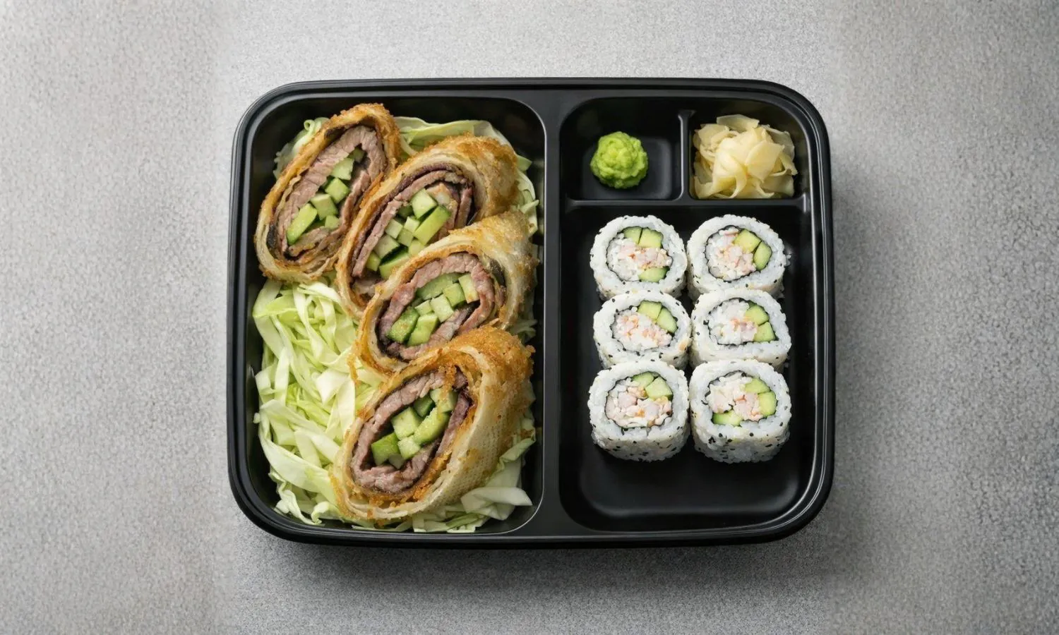 Combo with chicken katsu, California rolls, wasabi and ginger at Muy Bien Teriyaki, a Japanese Restaurant in El Monte