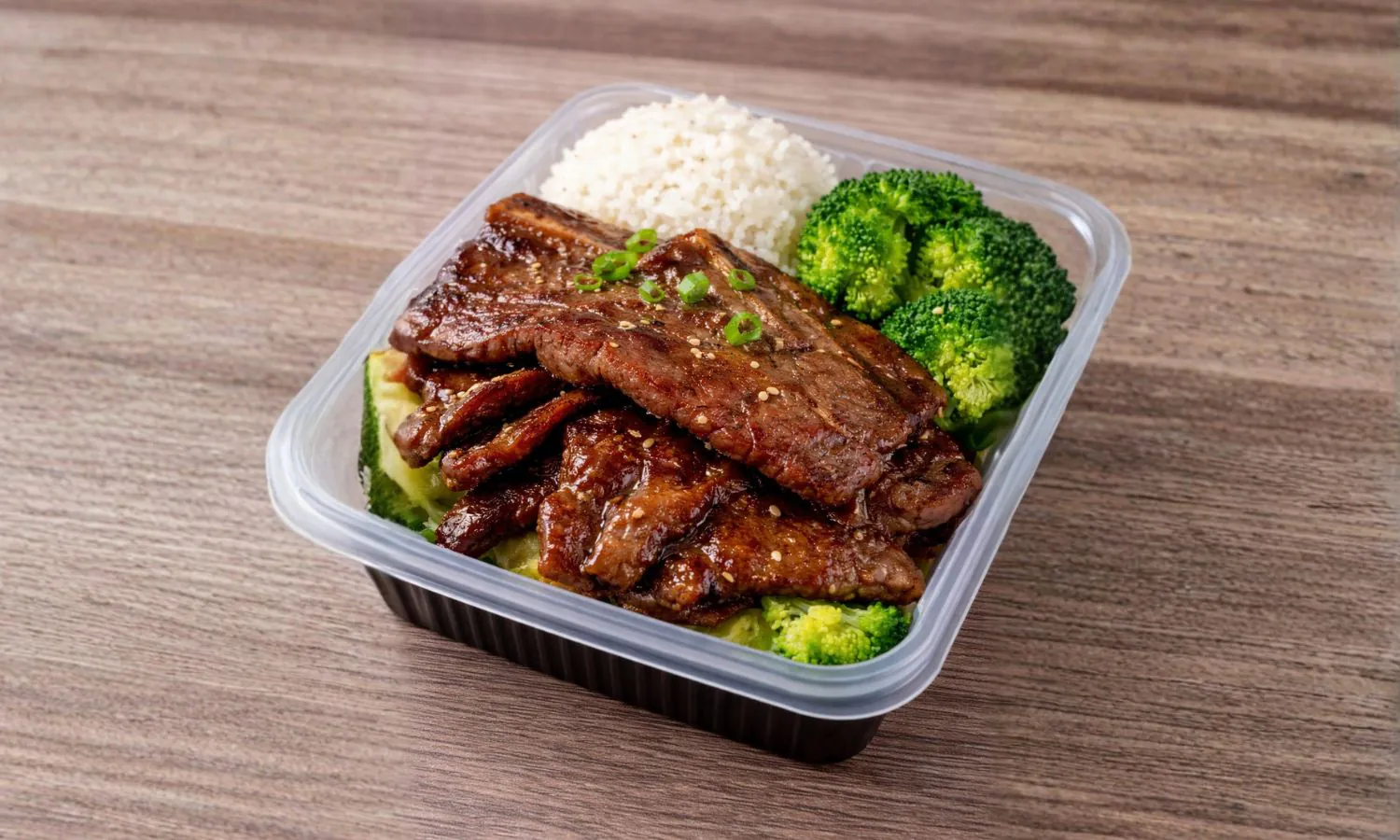 Glazed teriyaki short ribs with rice and broccoli at Muy Bien Teriyaki, a Japanese Restaurant in El Monte